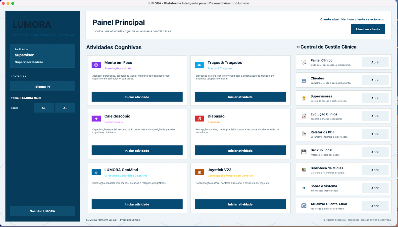 Tela inicial da plataforma LUMORA com atividades cognitivas e central clínica